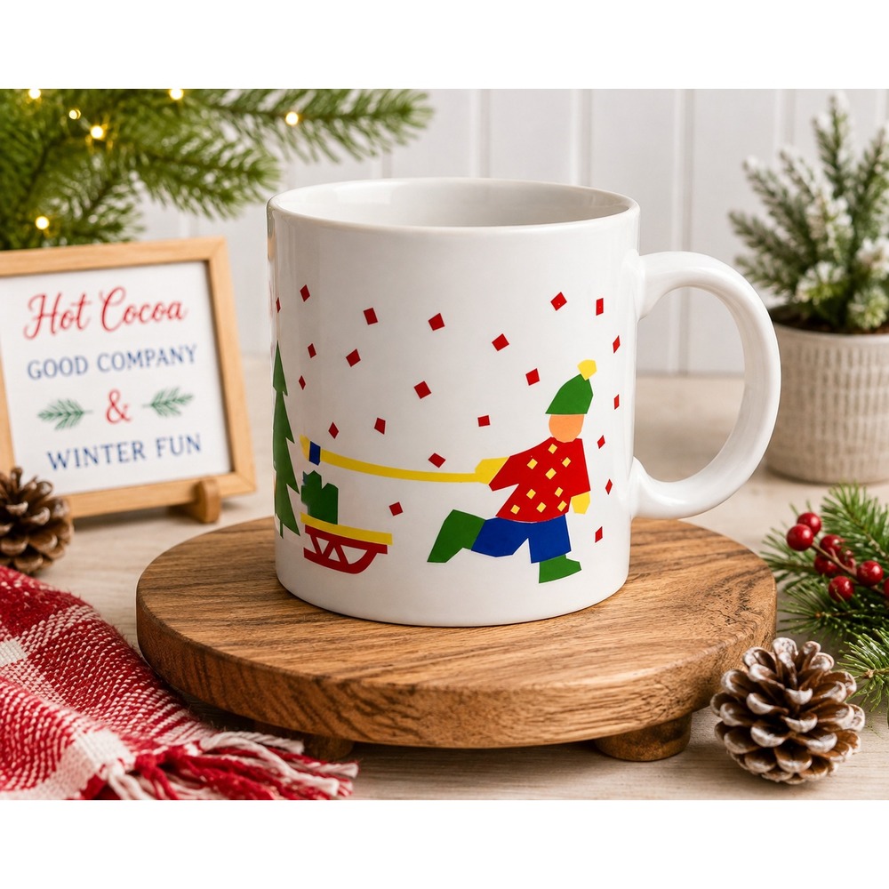 Vintage 1991 Sara Anderson Winter Sledding Christmas Coffee Mug